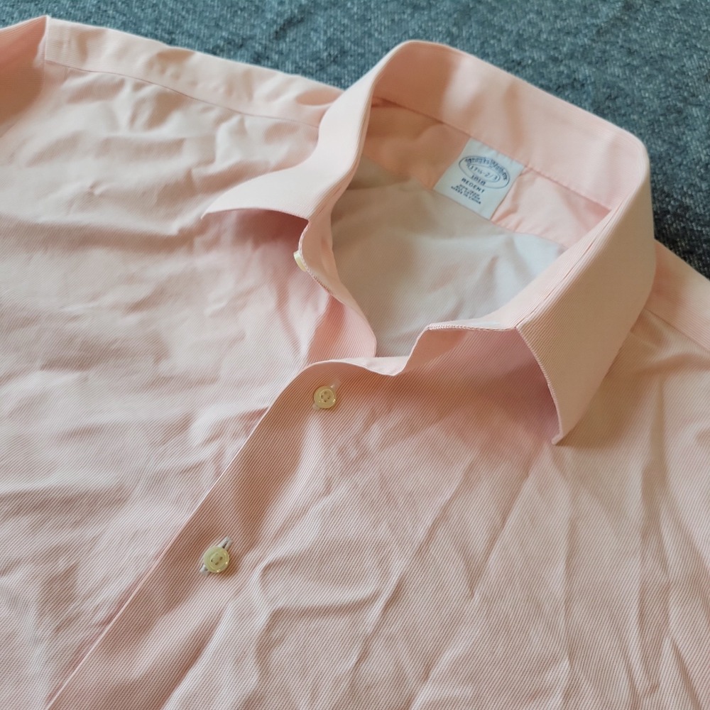 Brooks Brothers Dress Shirt Men's 17.5 2/3 Regent Pink White Stripe Non-Iron